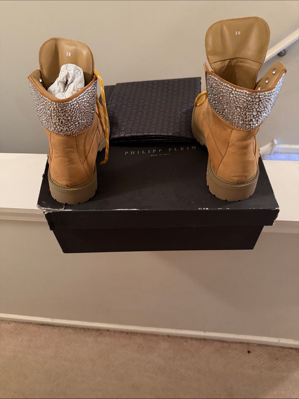 Philipp Plein Women’s Tan Lace-Up Boots.  Size 38.  Damaged Box.  New w/ dustbag